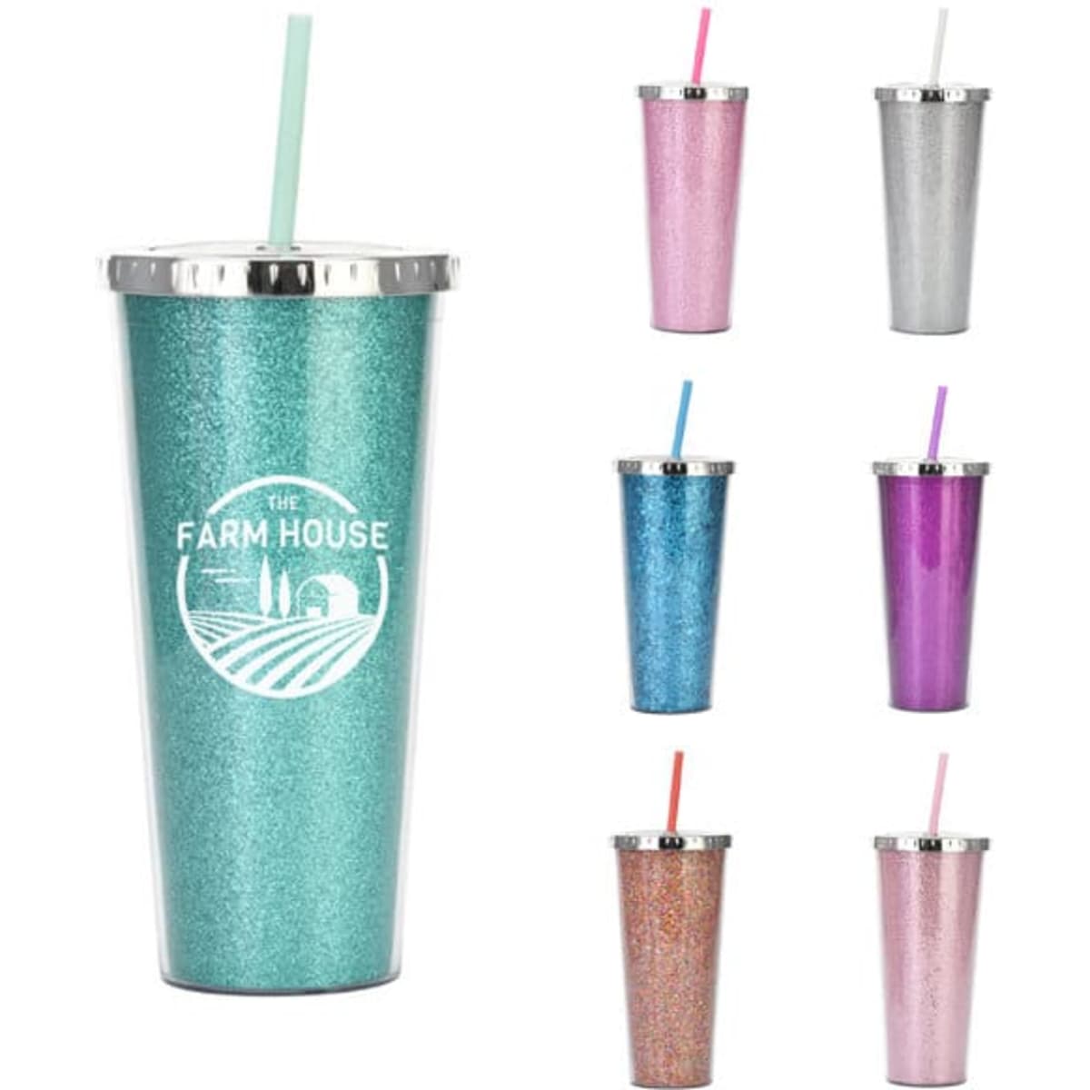 A drink bottle featuring a teal glitter finish, double-walled design, with a straw and decorative lid. It has a logo.