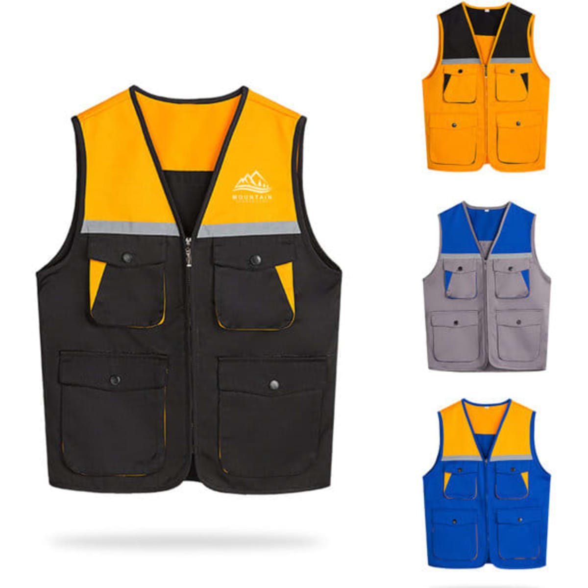 Custom workwear reflective vests in orange and black, blue and black, and grey and black, featuring multiple pockets and a logo.