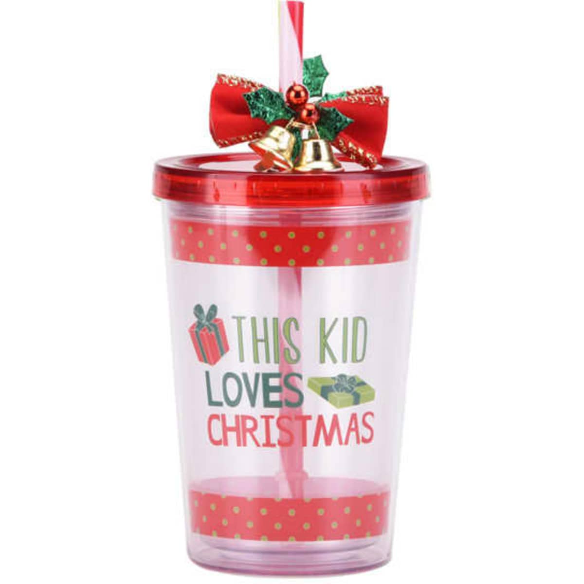 A drink tumbler featuring a clear body, red lid, festive decorations, and a straw. It has a holiday design and a logo.