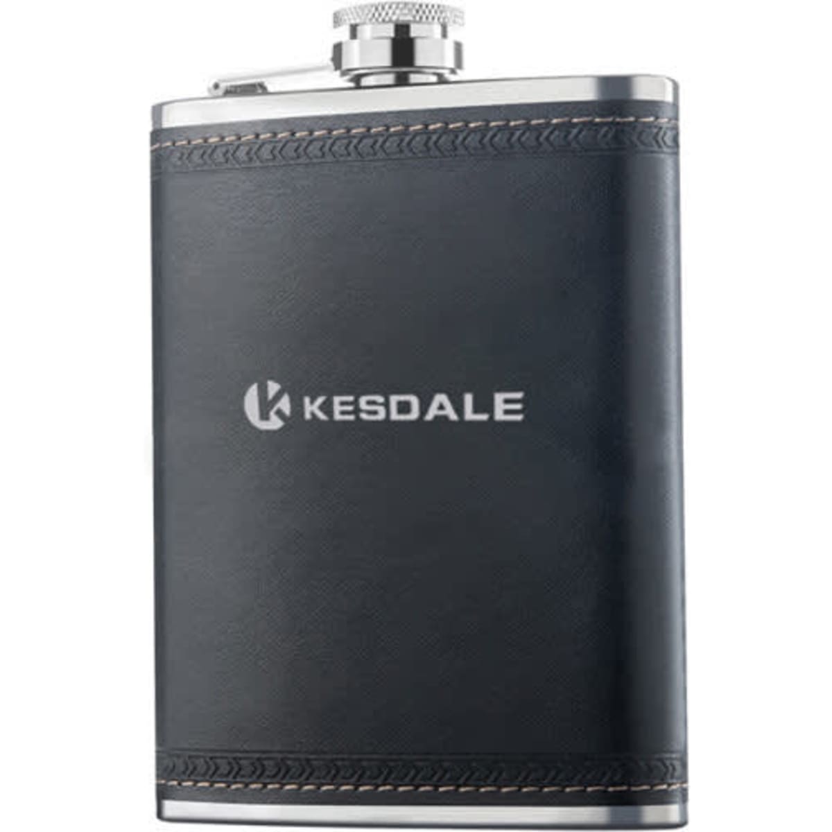 A stainless steel flask with a black leather cover and a silver cap, featuring a logo.