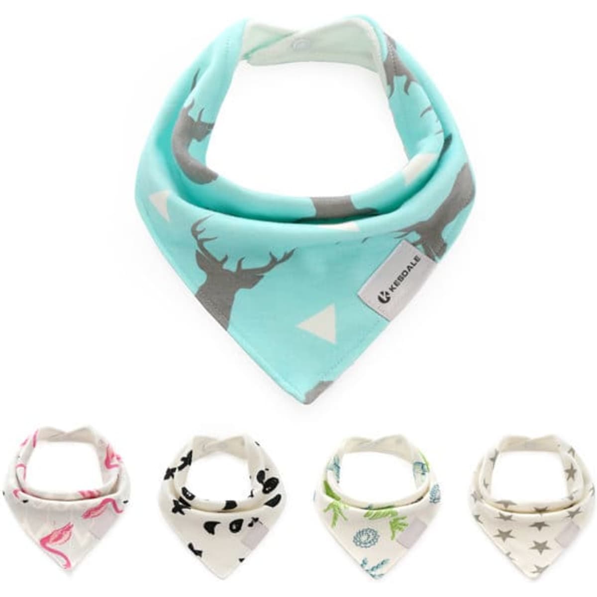A set of five cotton double-layered baby bibs in assorted patterns, featuring mint green, pink, grey, and cream colours.