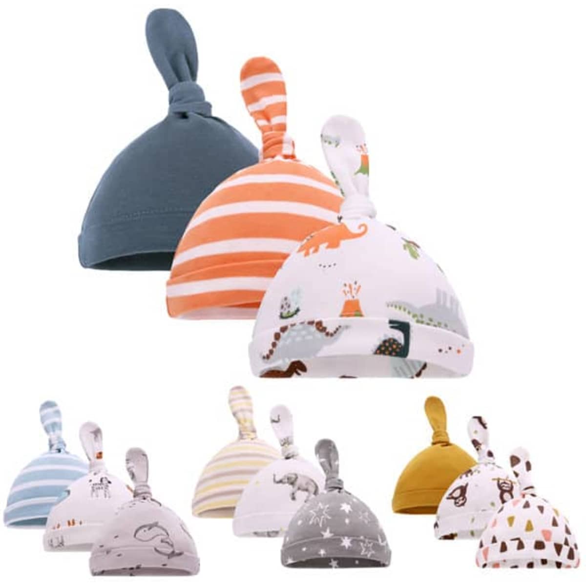 A selection of newborn baby knotted hats in various patterns and colours, including blue, orange, grey, and yellow.