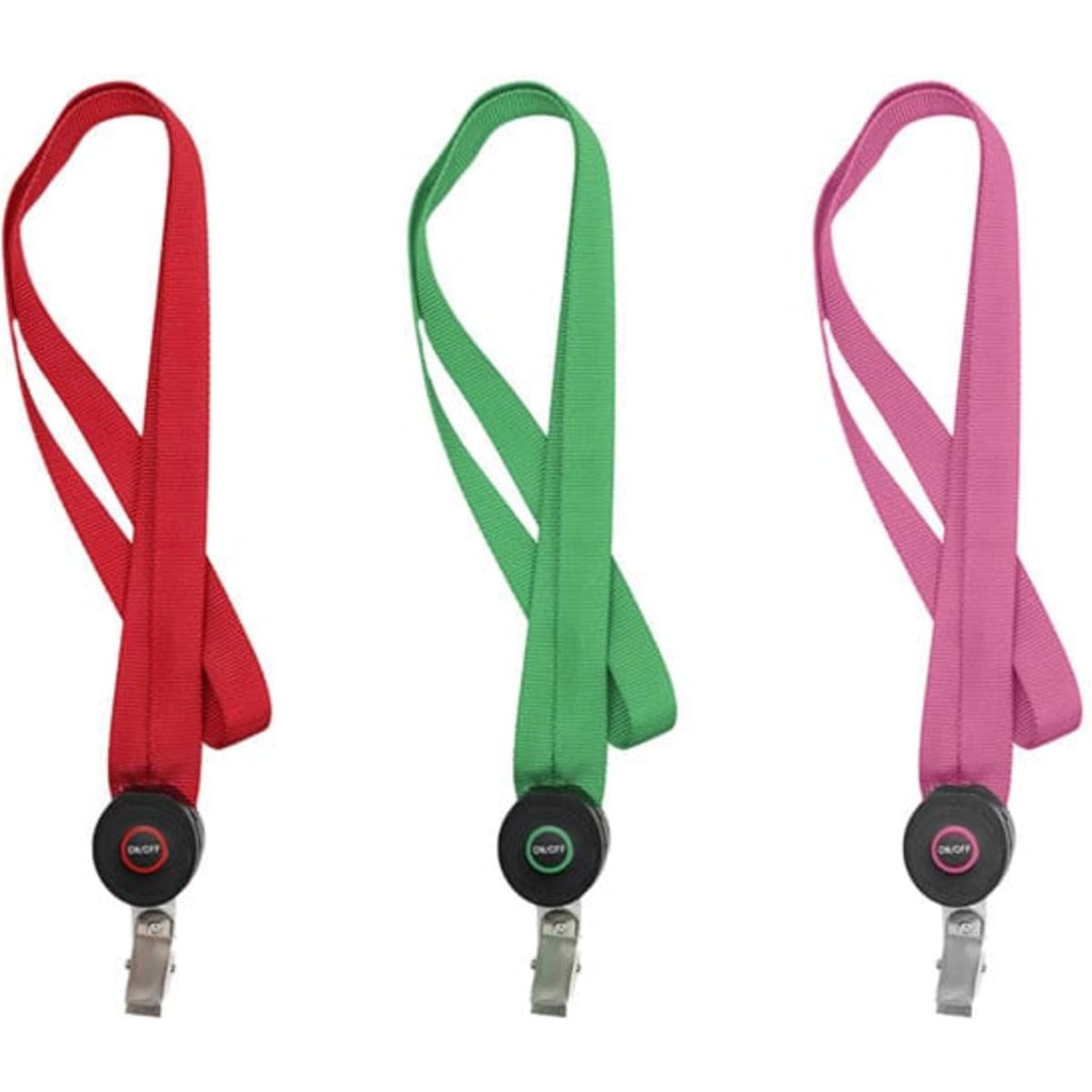 A set of three light-up lanyards in red, green, and pink, each featuring a badge clip and a logo.
