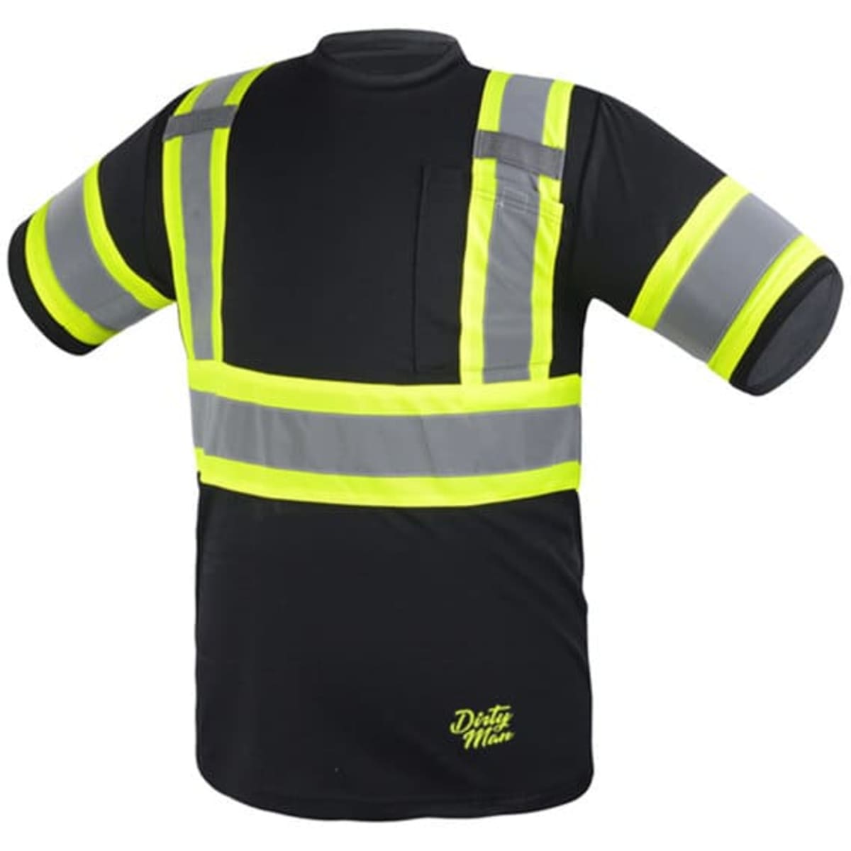 A reflective safety short sleeve t-shirt in black, featuring yellow reflective stripes and a pocket. It has a logo on the back.