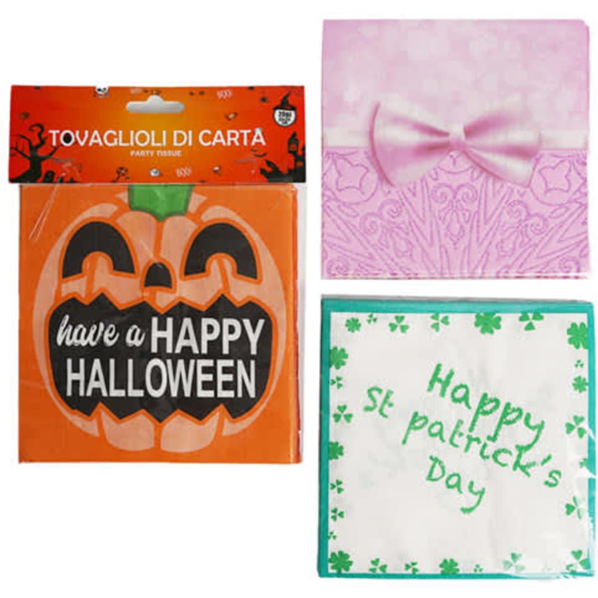 Three sets of custom 2 ply beverage napkins: orange Halloween, pink with a bow, and white with green St. Patrick's Day print.