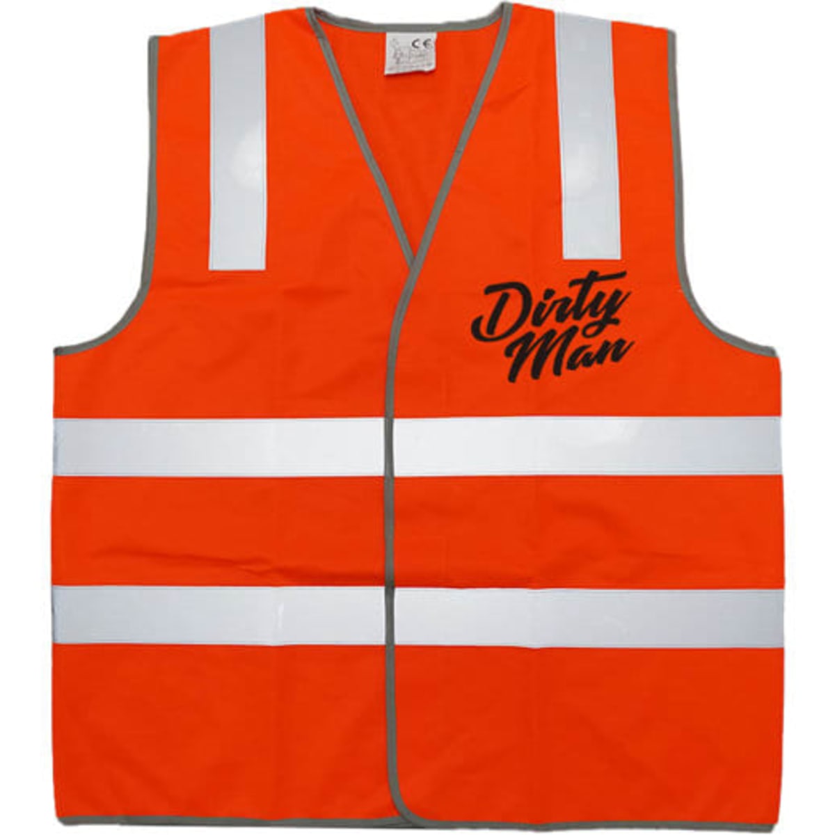 An orange reflective safety vest featuring grey trim and a logo. It has vertical and horizontal white reflective stripes.