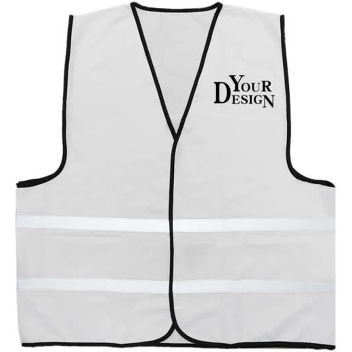 A reflective vest in white with black trim, featuring two horizontal reflective stripes and a logo.