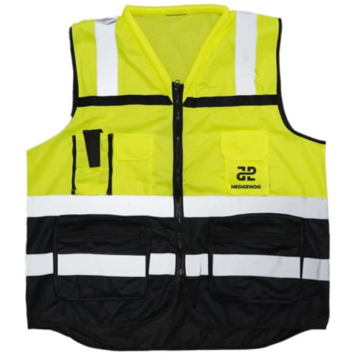 A high visibility reflective safety vest featuring fluorescent yellow and black colours, with multiple pockets and a logo.