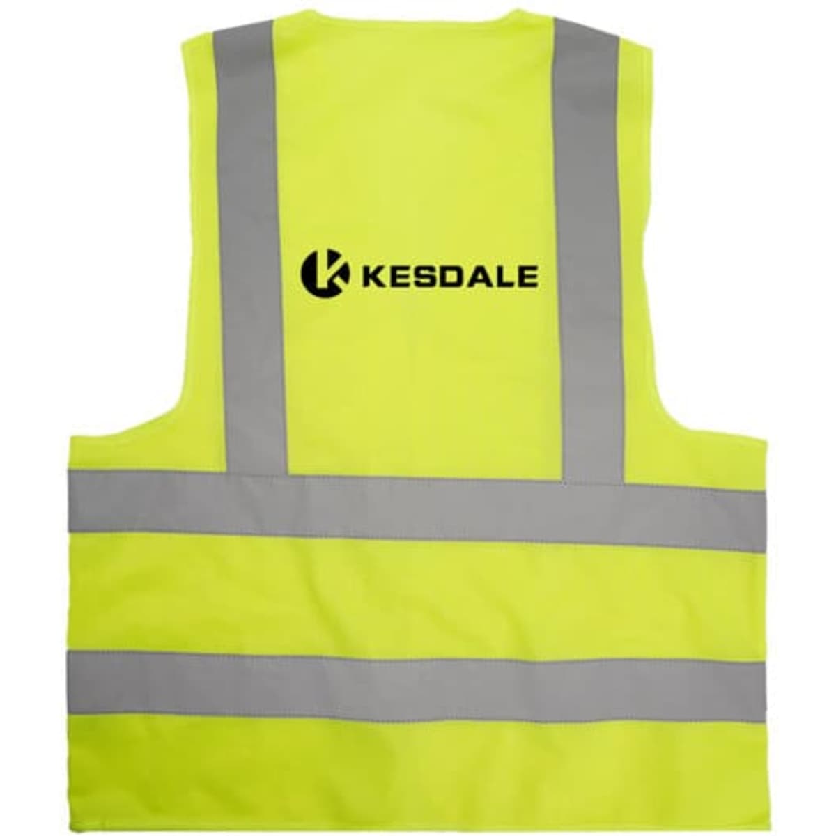 A high visibility safety vest in bright yellow with reflective stripes and a logo.