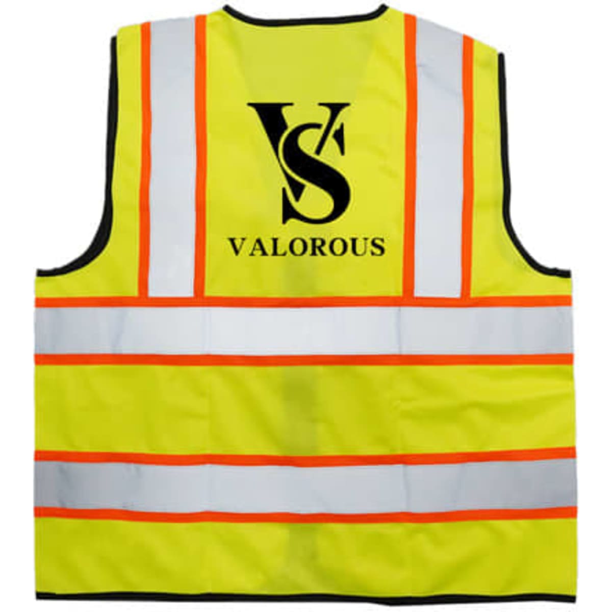 A reflective mesh safety vest in bright yellow and orange with a logo on the back.
