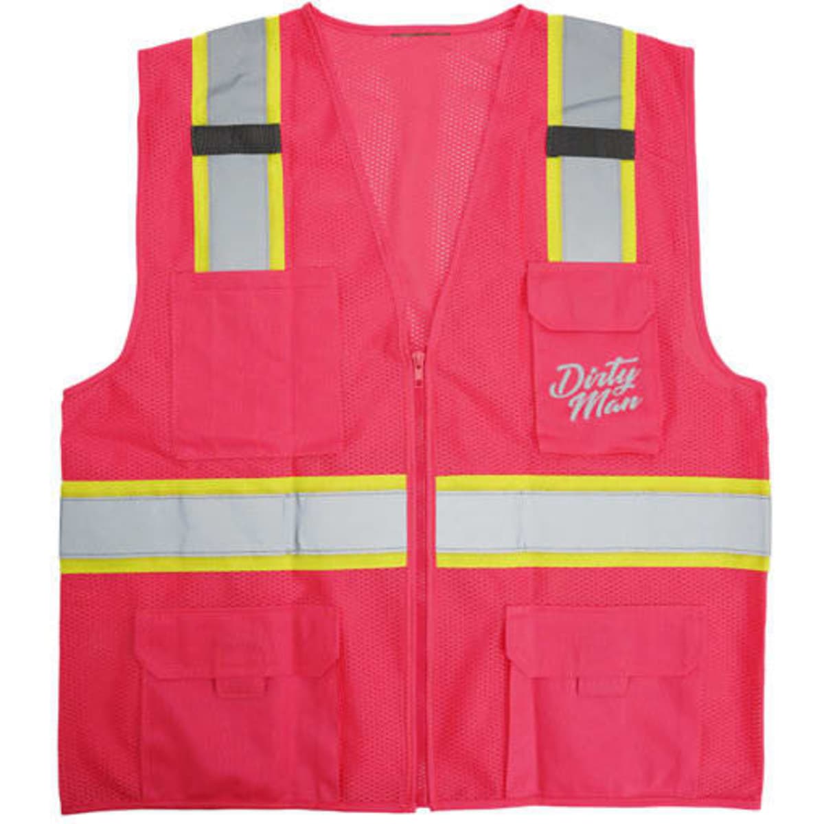A pink multi-pocket safety reflective vest with grey and yellow reflective strips, featuring a logo on the front.