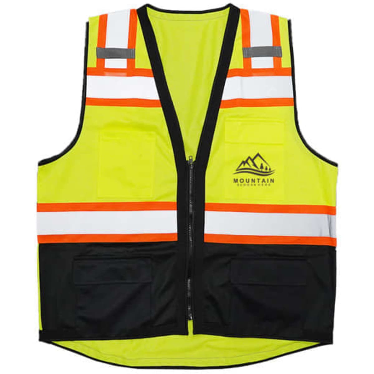A safety reflective vest in bright yellow with orange and silver reflective strips, featuring pockets and a logo.