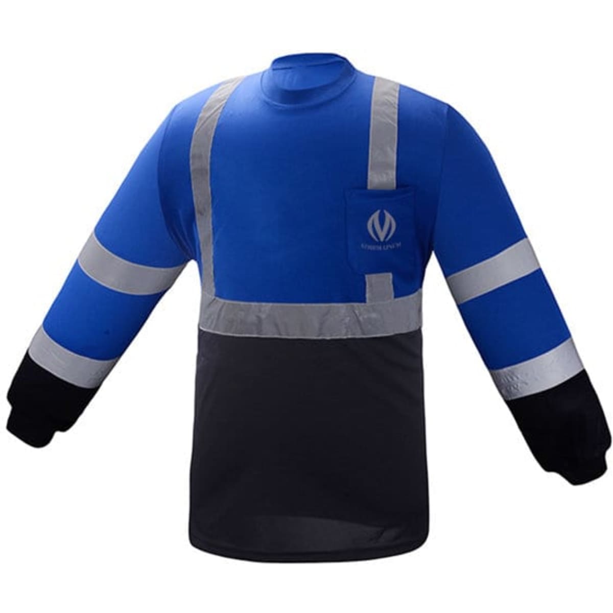 A reflective long sleeve safety jacket in blue and black, featuring reflective stripes and a pocket. It has a logo.