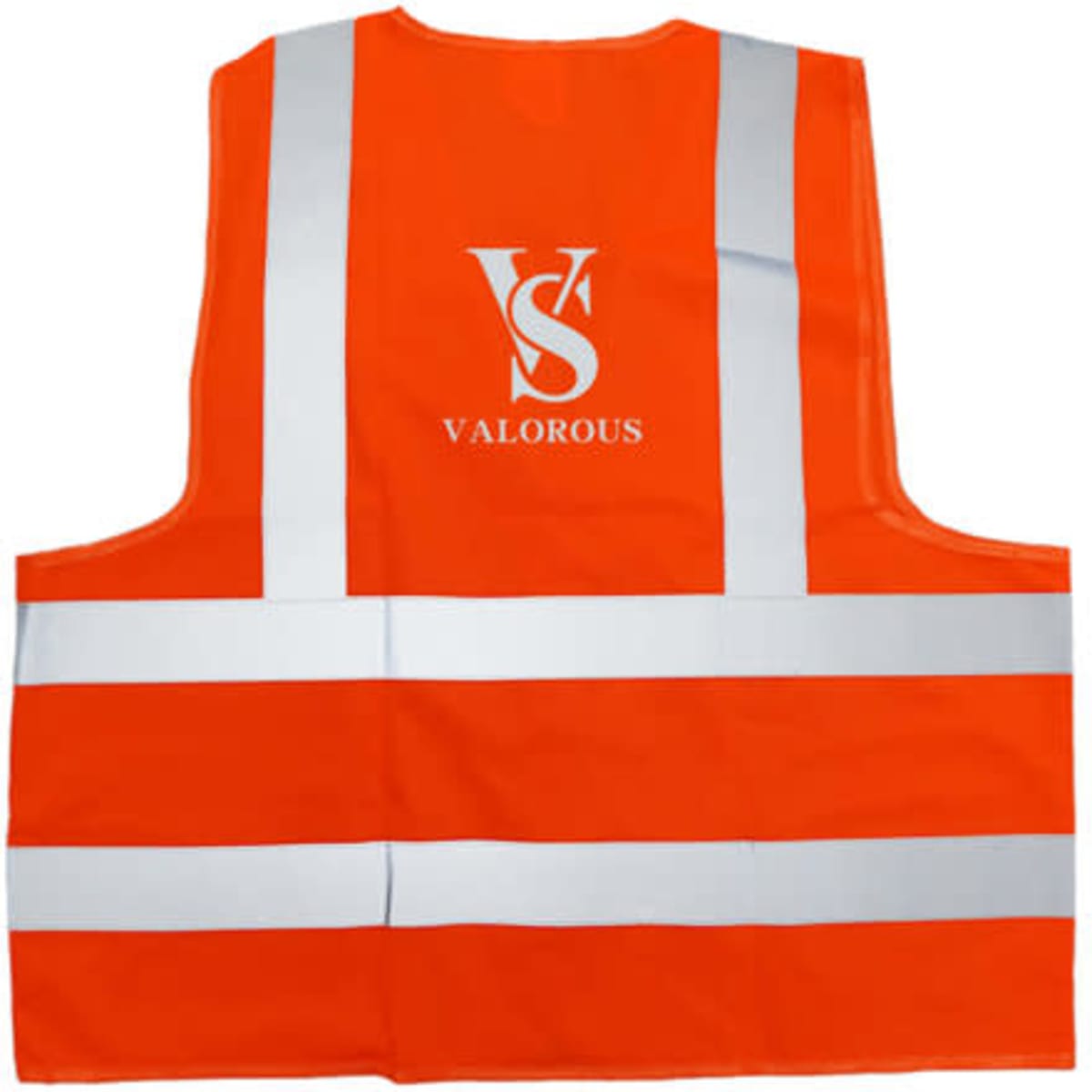 A high visibility safety vest in bright orange with reflective stripes and a logo on the back.