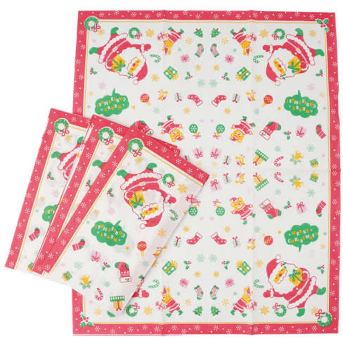 Custom 2 ply dinner paper napkins featuring festive Christmas designs in red, green, and white, with Santa and decorations.
