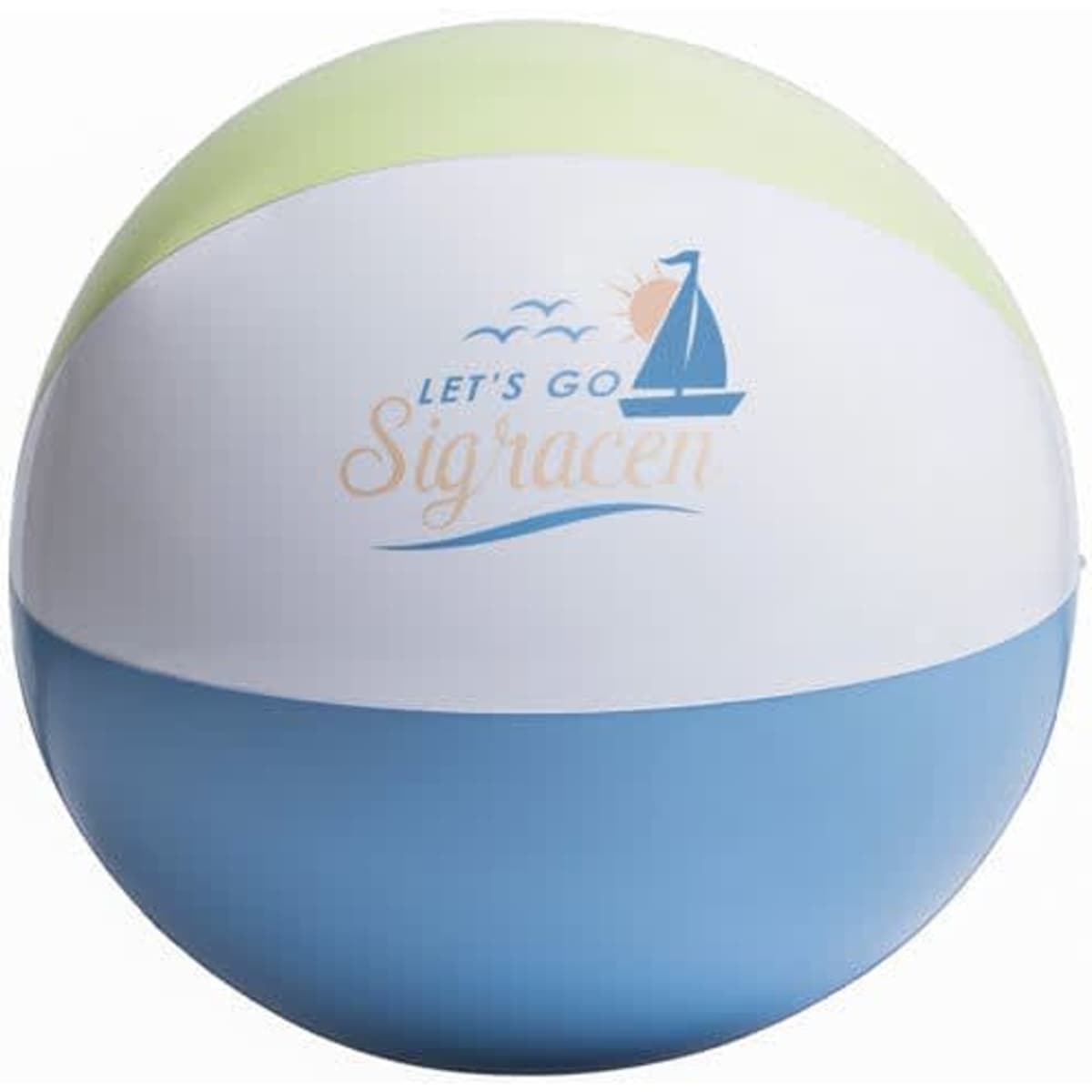 A 20" inflatable PVC beach ball featuring pastel green, white, and blue sections, with a logo on the surface.