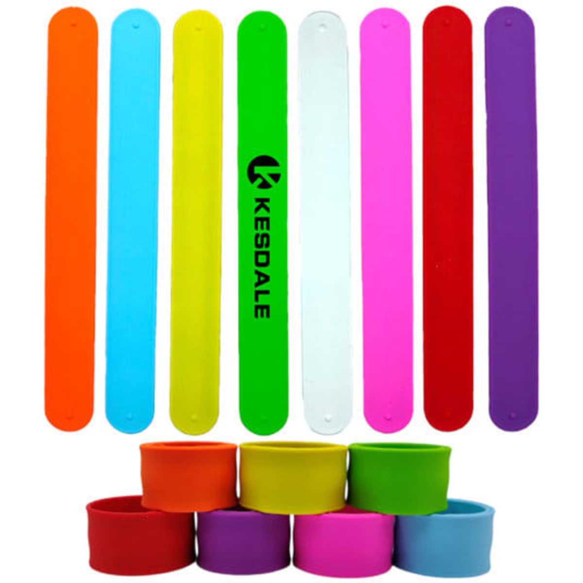 Brightly coloured silicone slap bracelets in orange, blue, green, pink, red, white, and purple, with a logo on one bracelet.