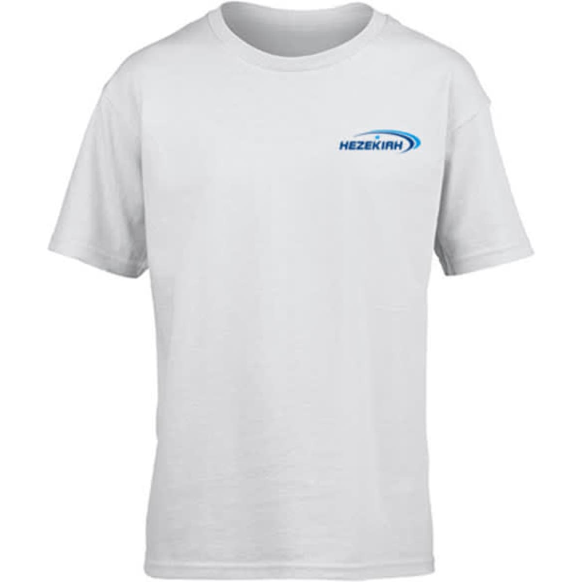 A white short-sleeved youth T-shirt featuring a logo on the front.