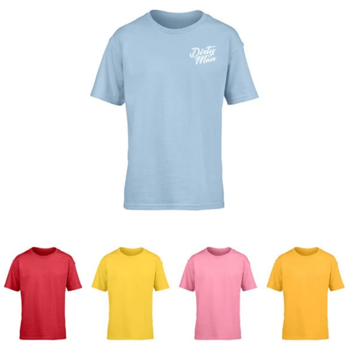 A light blue youth round neck t-shirt displayed with red, yellow, pink, and yellow options below, all featuring logos.
