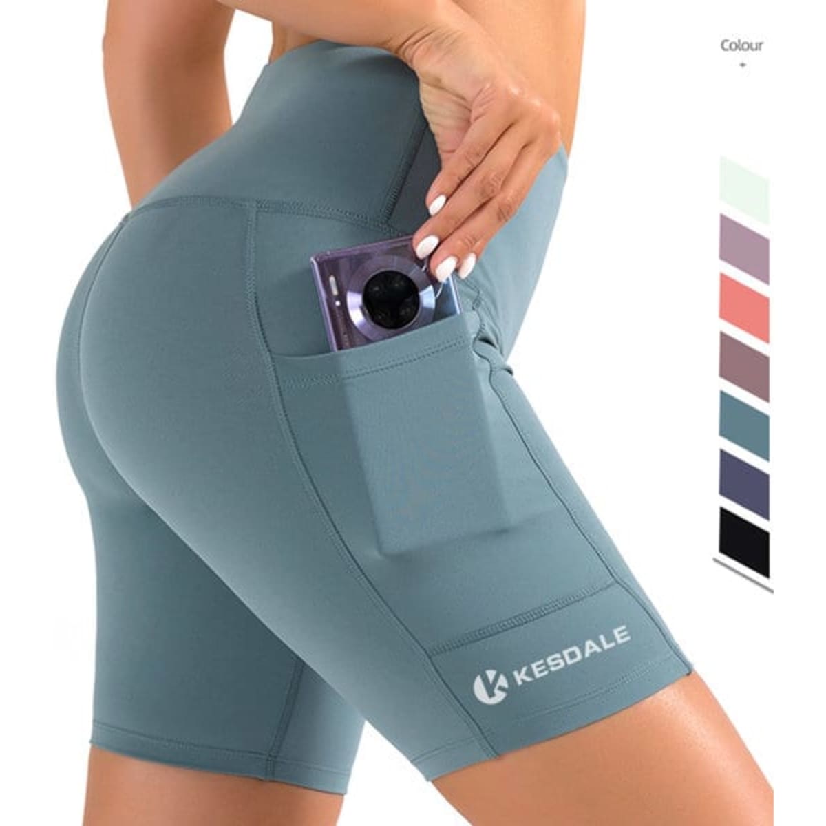 High waist sport legging shorts in teal with a side pocket. Features a logo on the leg and various colour options.