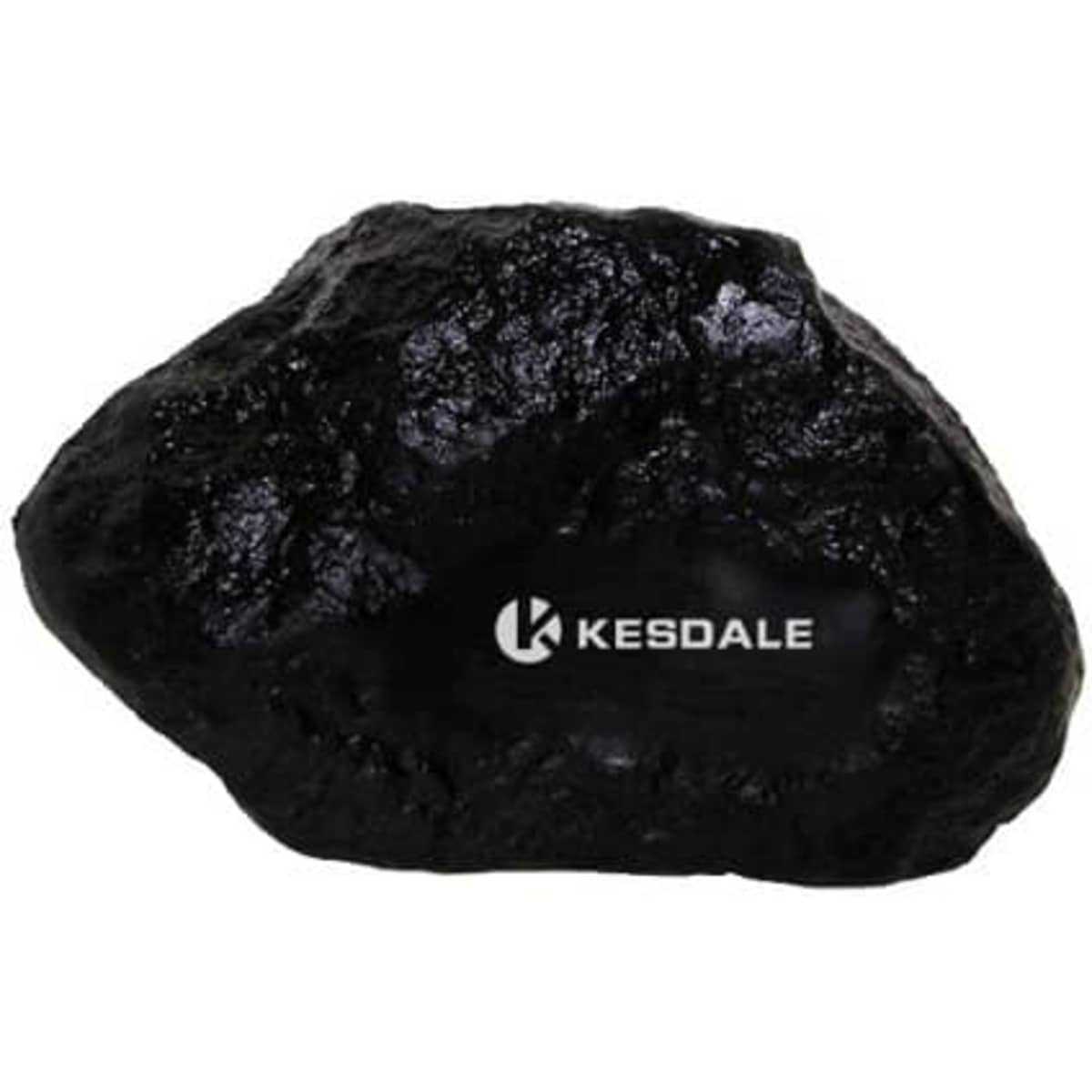 A black PU foam stress ball shaped like a stone, featuring a logo on one side.