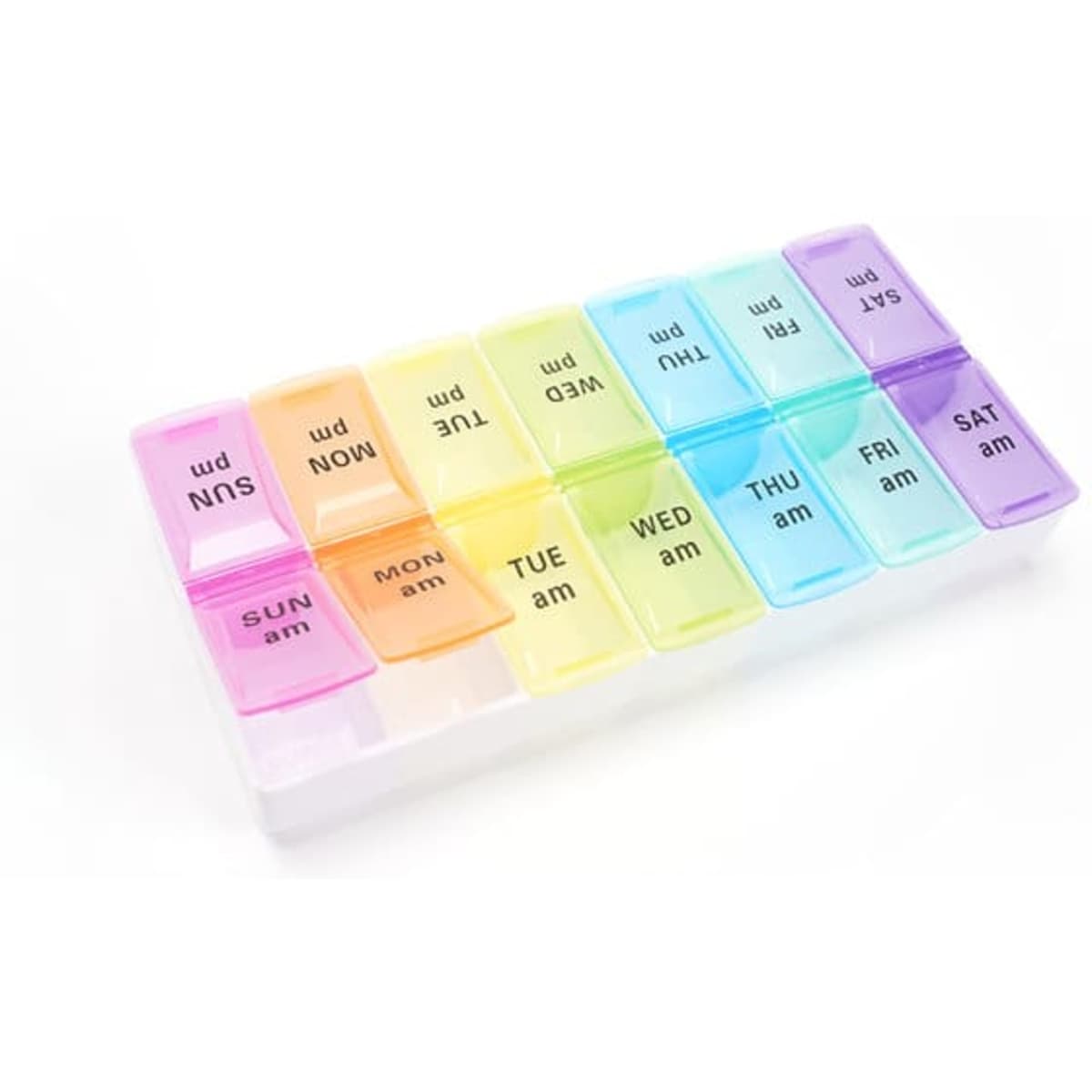 A portable medicine box with 14 colourful compartments for each day of the week and morning/evening doses.