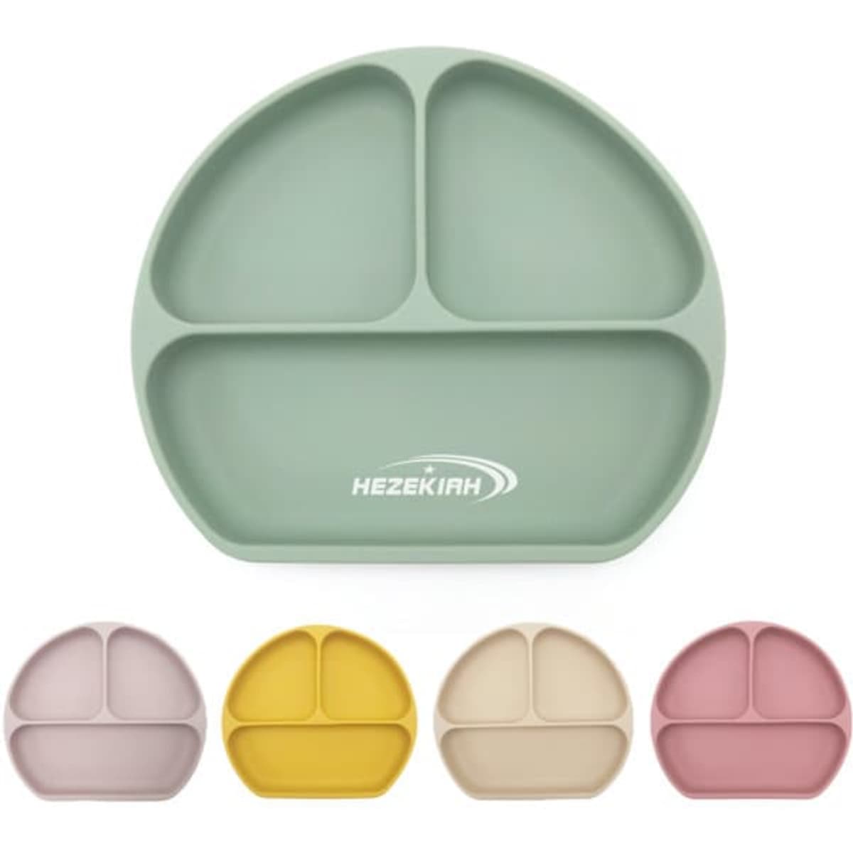 A silicone baby feeding plate featuring compartments in green, yellow, pink, and beige, with a branding logo.