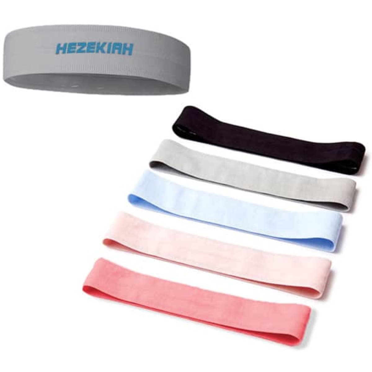 A collection of elastic sports headbands in grey, black, white, light blue, pink, and soft pink, featuring a logo.