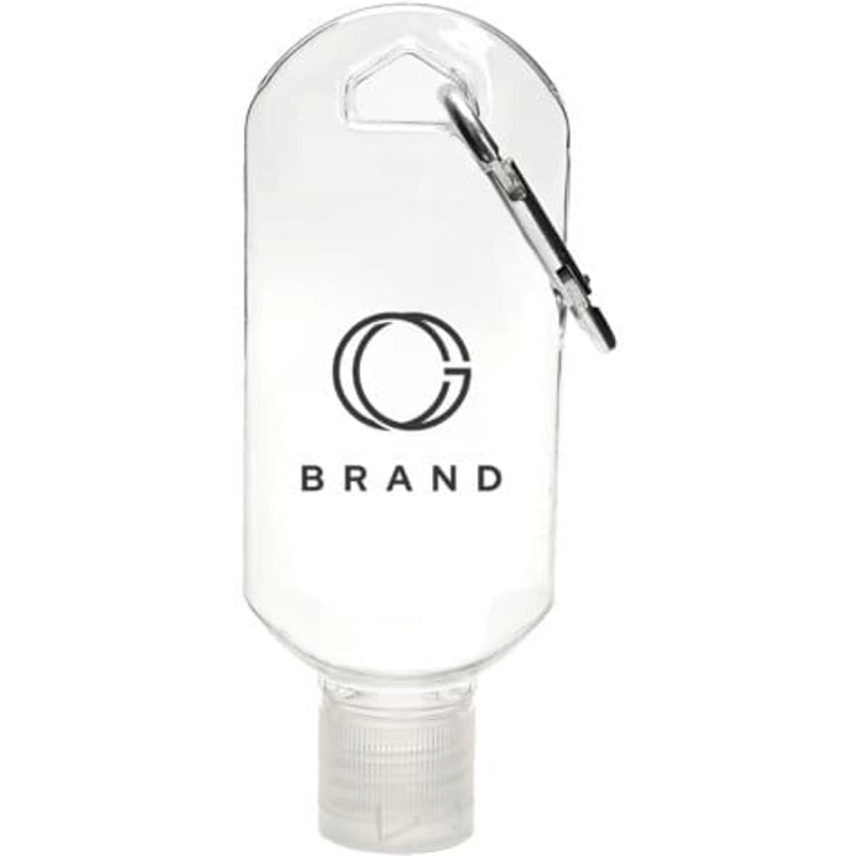 A clear 2 oz. hand sanitizer gel bottle with a carabiner and a logo on the front.