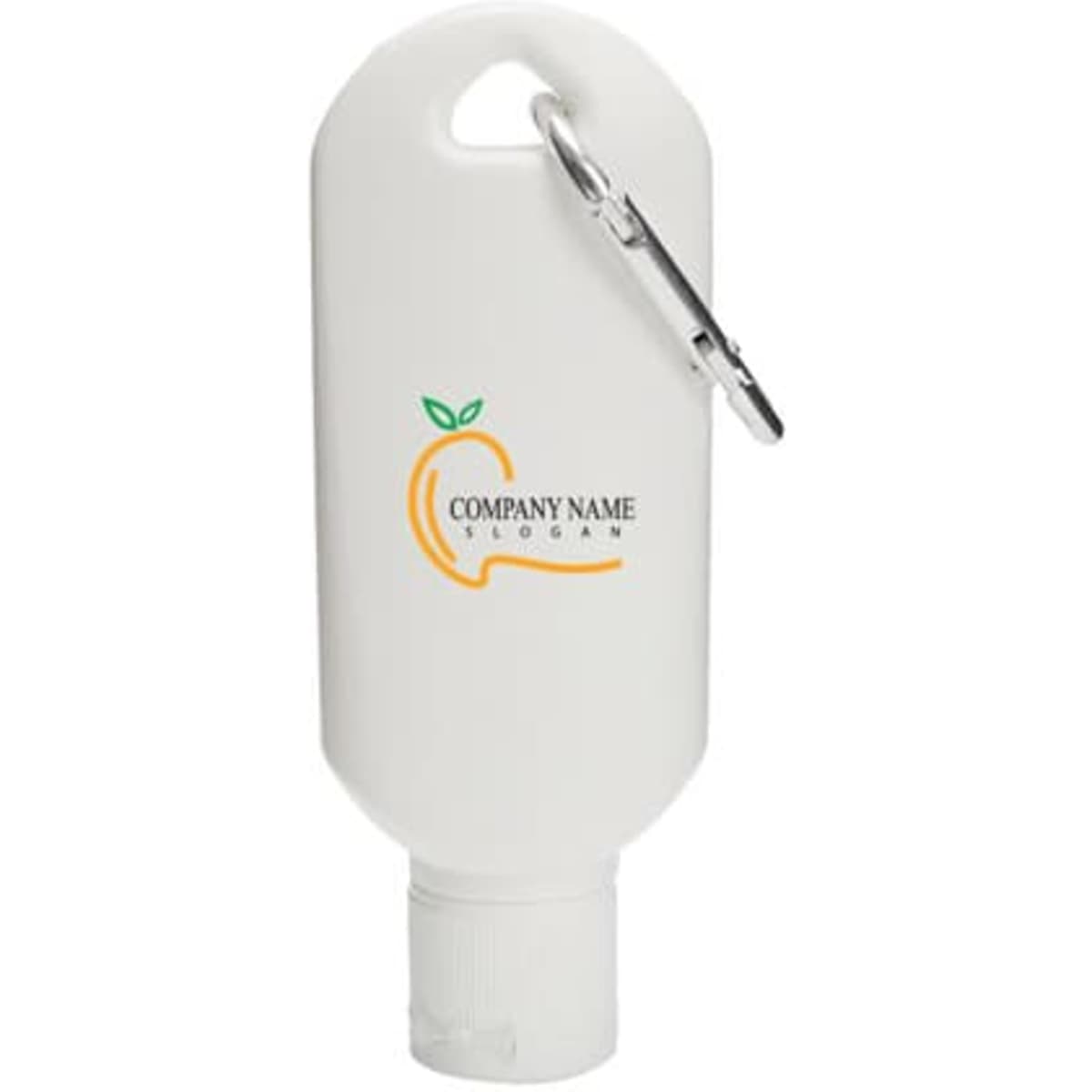 A drink bottle in white with a carabiner and a logo, designed for travel use.