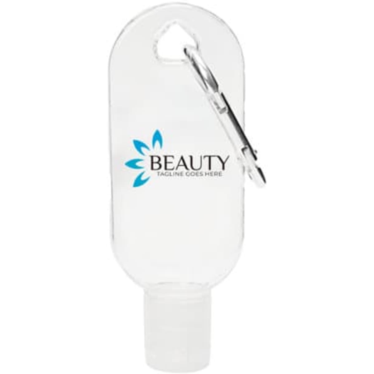 A clear 1 oz. hand sanitiser bottle with a carabiner, featuring a logo on the front.