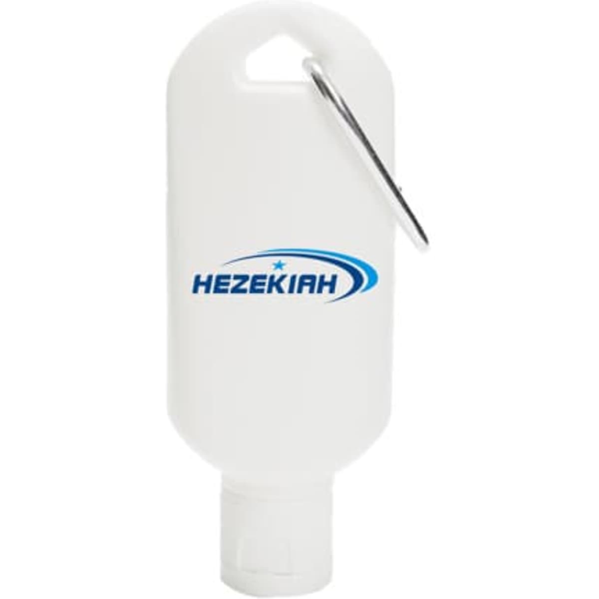 A white gel bottle with a carabiner, featuring a logo, designed for hand sanitiser.