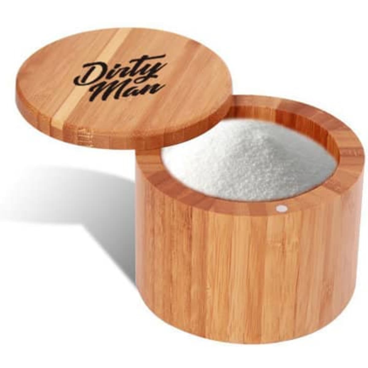 A bamboo salt storage box with a lid, featuring a natural wood finish and a logo on top.