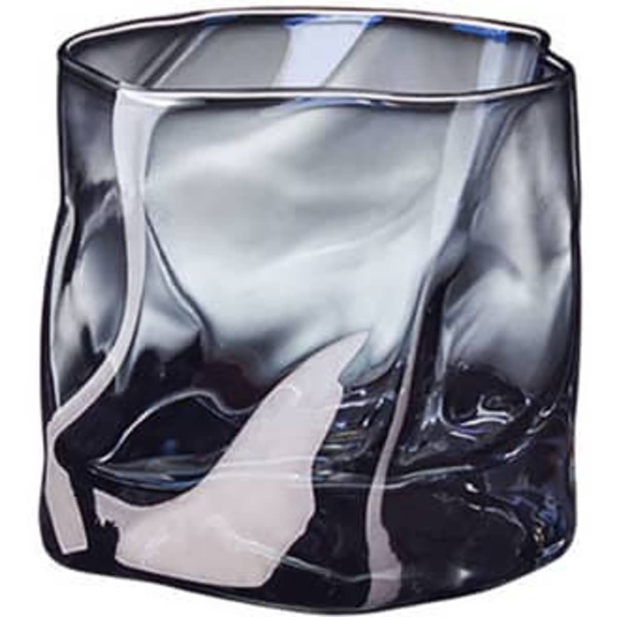 A colourful, irregular-shaped 6 oz whiskey cup featuring shades of blue and clear glass with a unique design.
