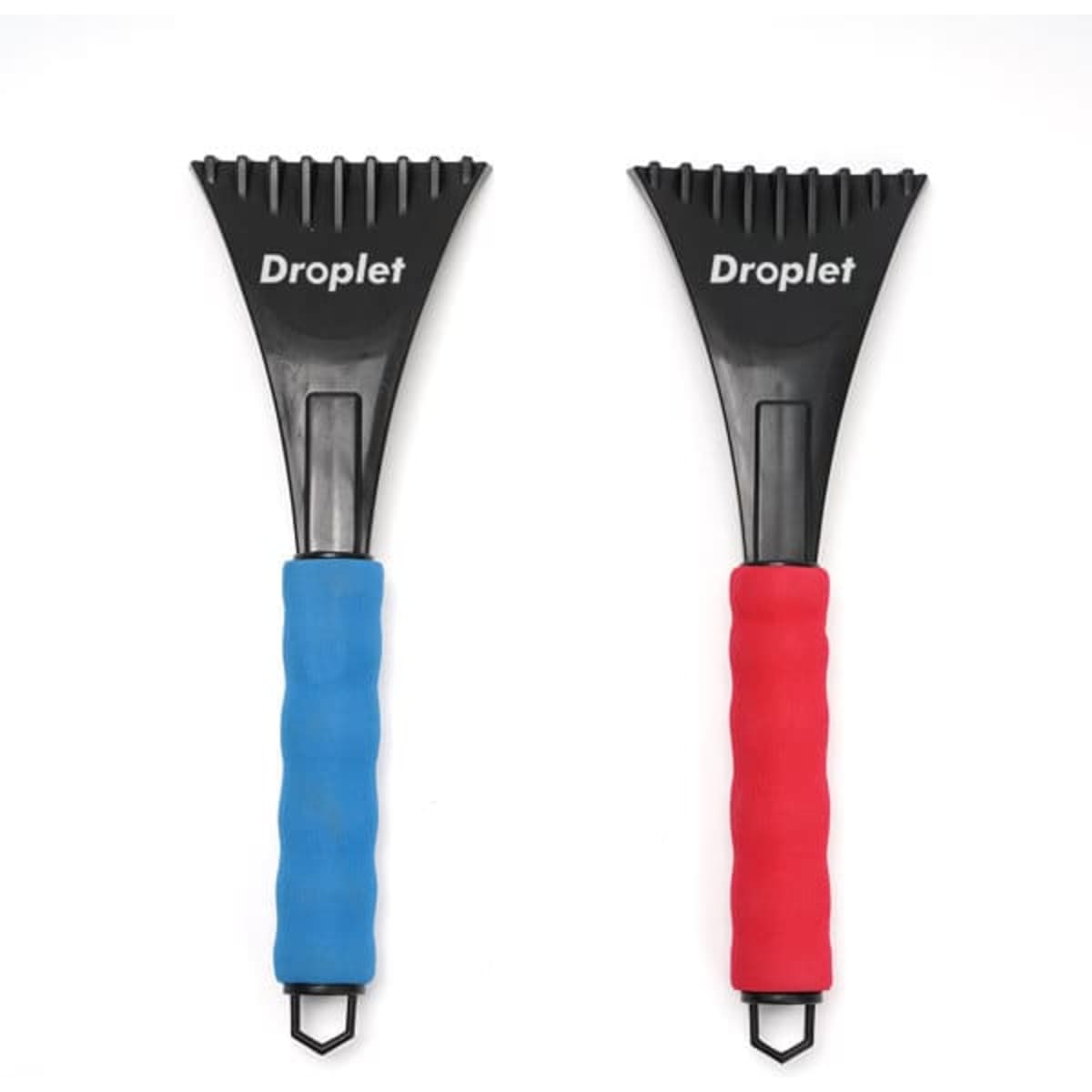 Two ice scrapers with foam handles, one in blue and one in red, both featuring a black scraper head and branding.