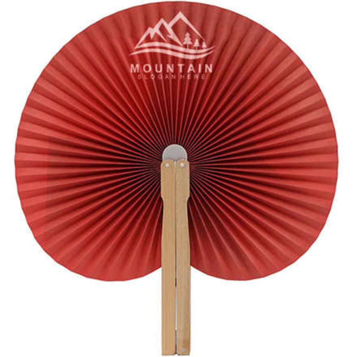 A custom round folding hand paper fan in vibrant red with a wooden handle and a logo.