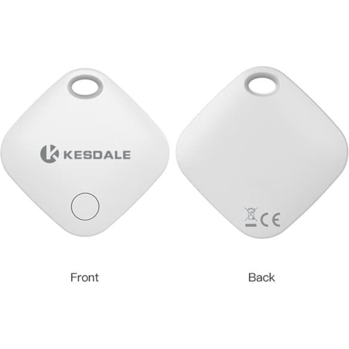 A white key finder device with a circular button and a hole for attachment, featuring a logo on the front.