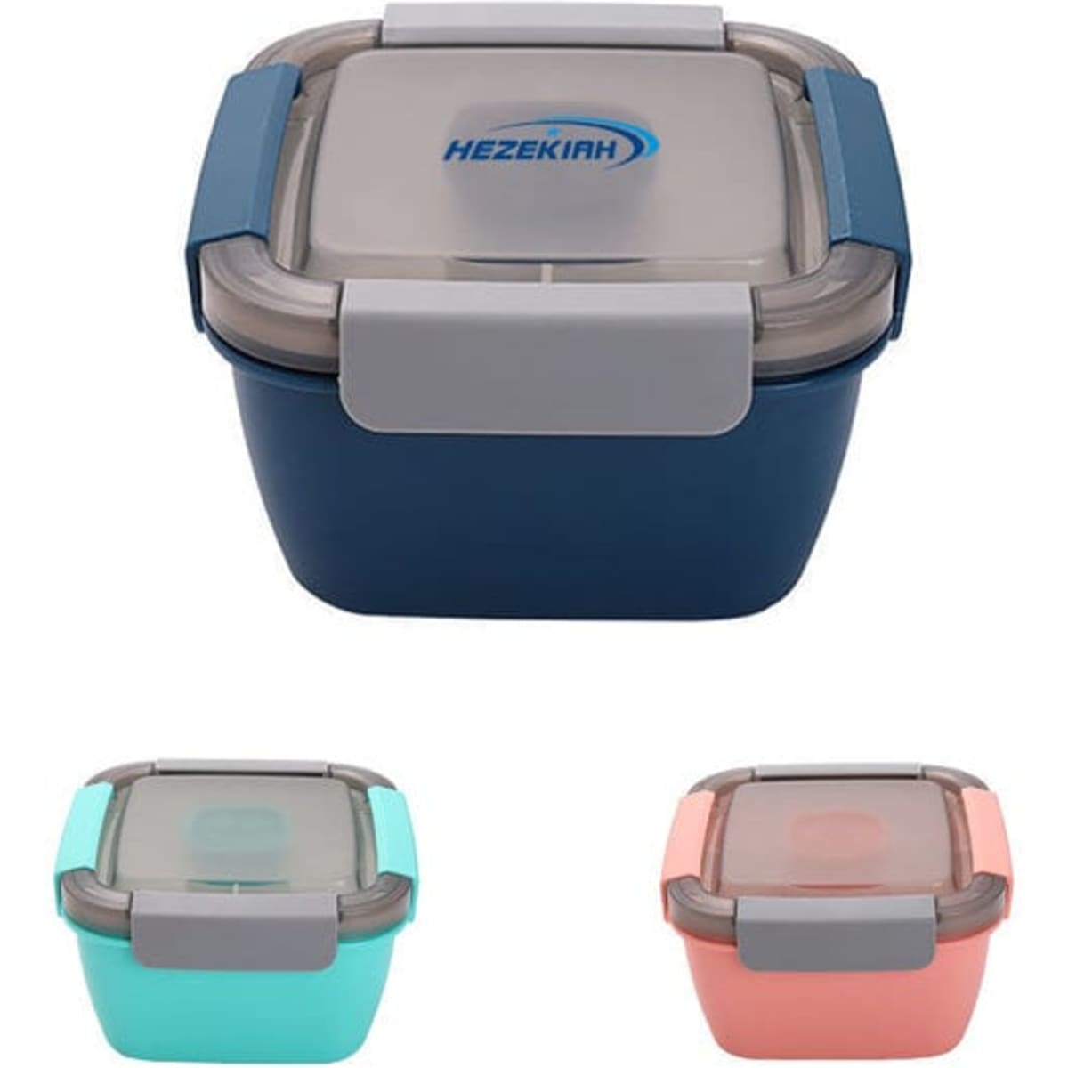 A small lunch container in navy blue with a transparent lid, featuring grey and pastel green and pink versions.