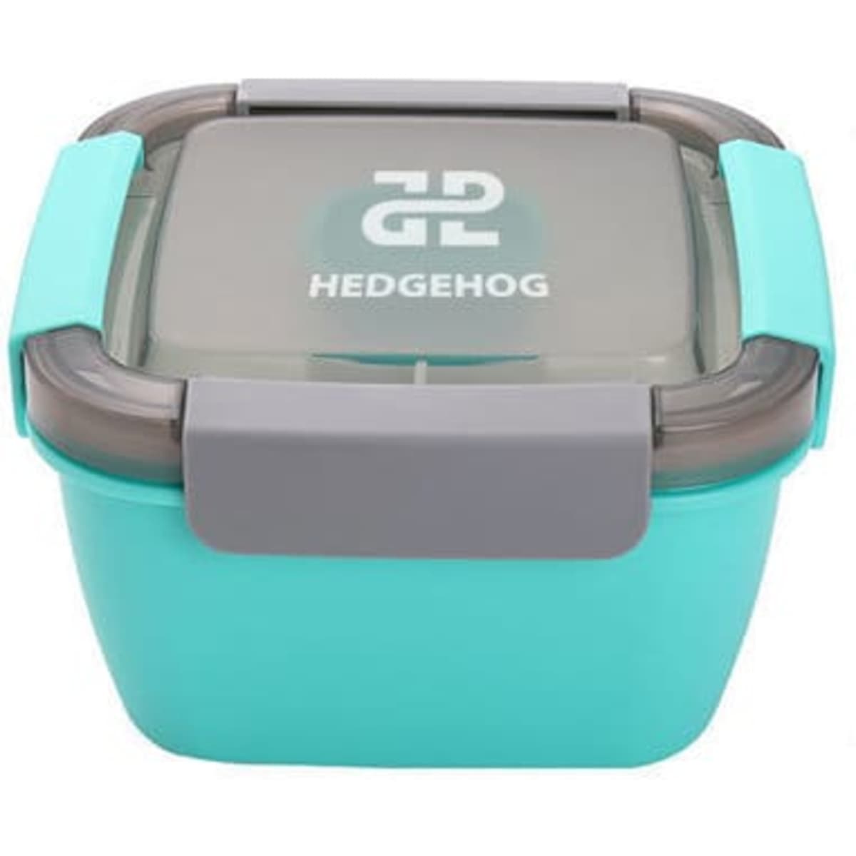 A turquoise plastic lunch container with a grey lid and a logo on top. Features secure clips on the sides.