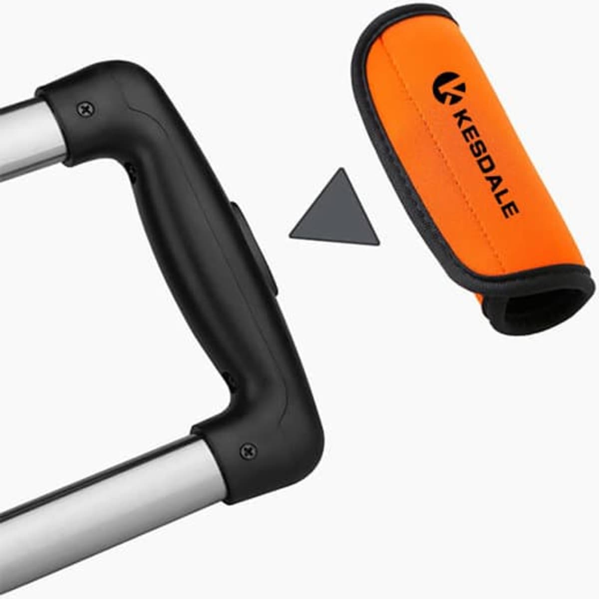 An orange neoprene luggage grip that fits over a suitcase handle, with a logo on the side.
