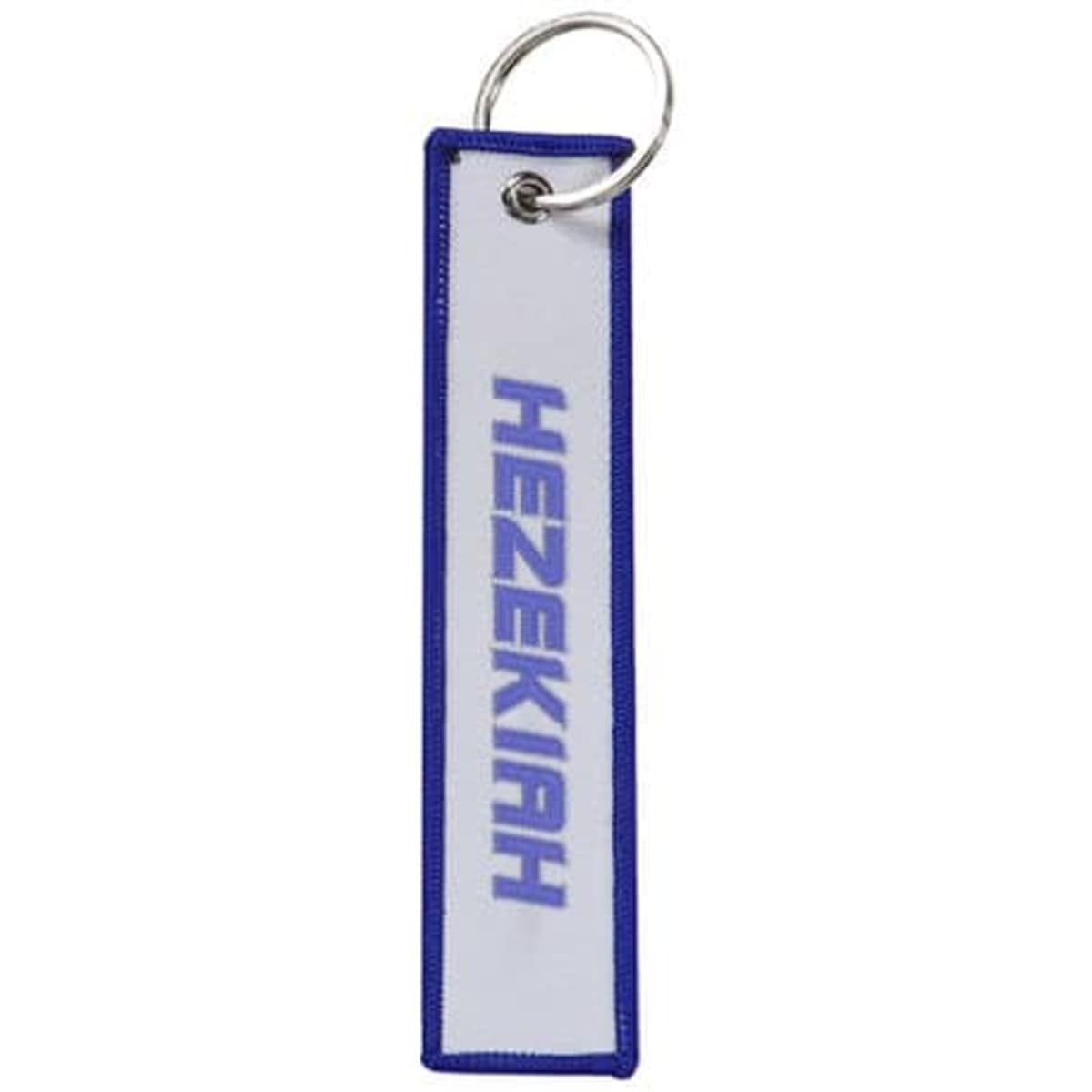 A custom woven label keychain featuring a blue and white design with a circular keyring. It has a logo.