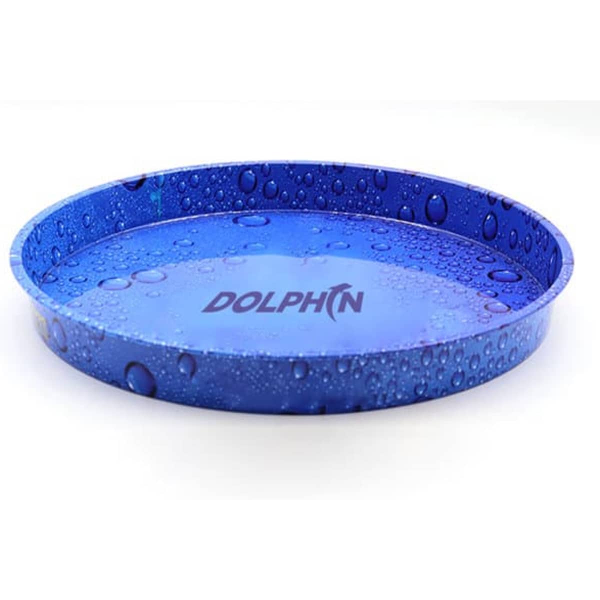 A round blue tinplate tray featuring a water droplet design and a logo on the surface.