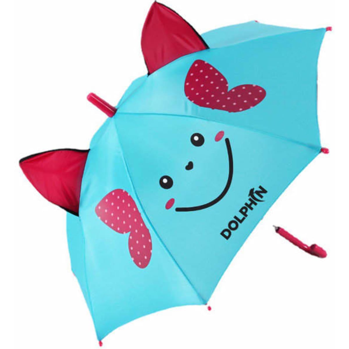 A blue children's umbrella featuring a smiley face with pink ears and bows. It includes a branding logo.