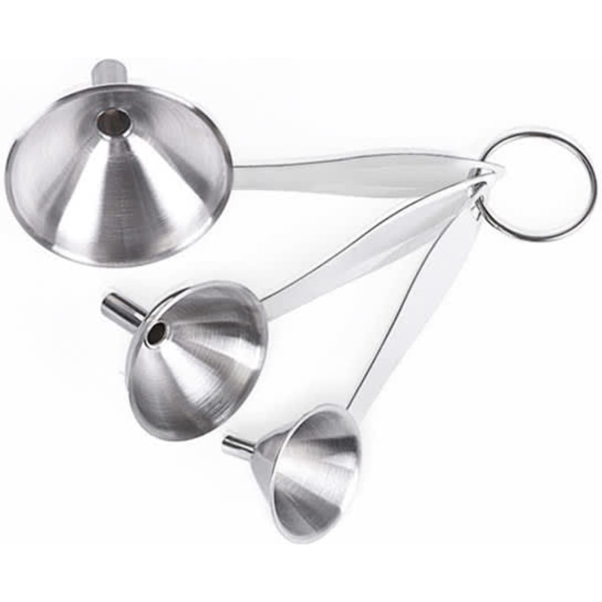 A stainless steel funnel set featuring three funnels of varying sizes, connected by a metal ring.