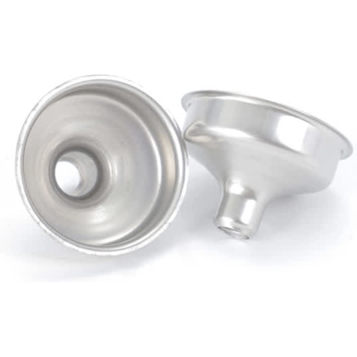 A stainless steel funnel with a smooth finish, featuring a wide opening and a narrow spout. It has a simple design and a reflective surface.