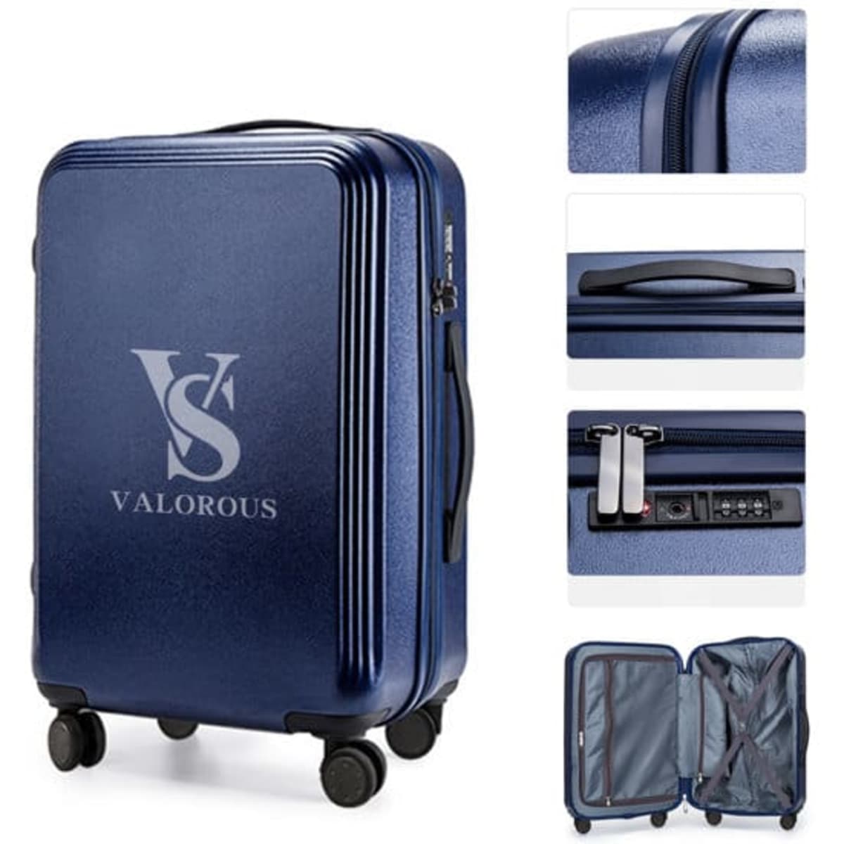 A 28-inch blue wheeled suitcase featuring a textured surface, logo, and multiple compartments with a zip closure.