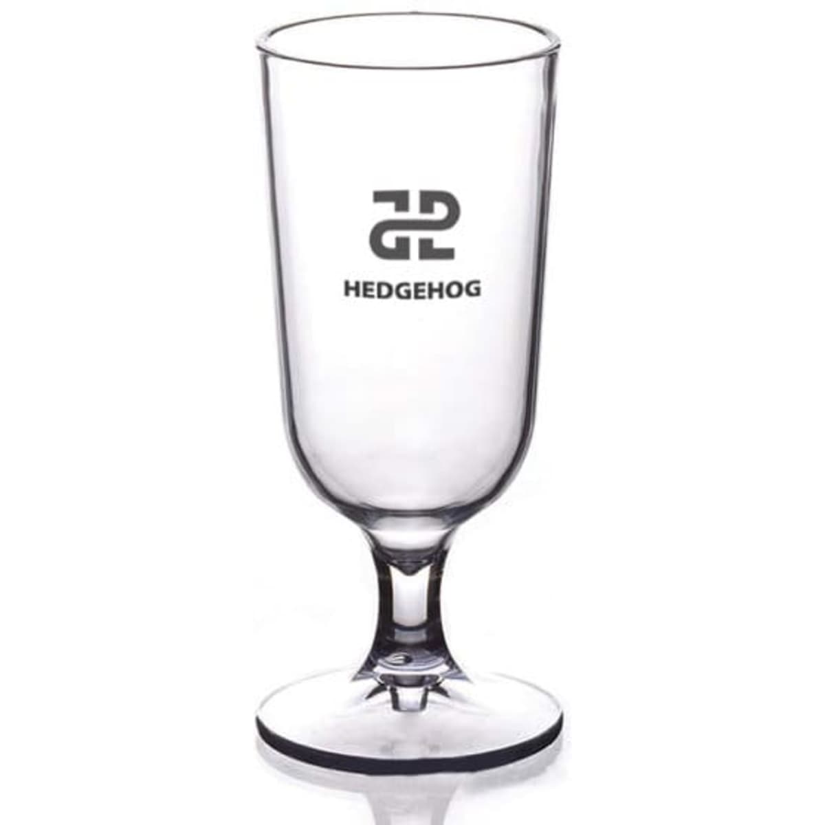 A clear plastic goblet with a stem, featuring a logo on the side, designed for serving beverages.