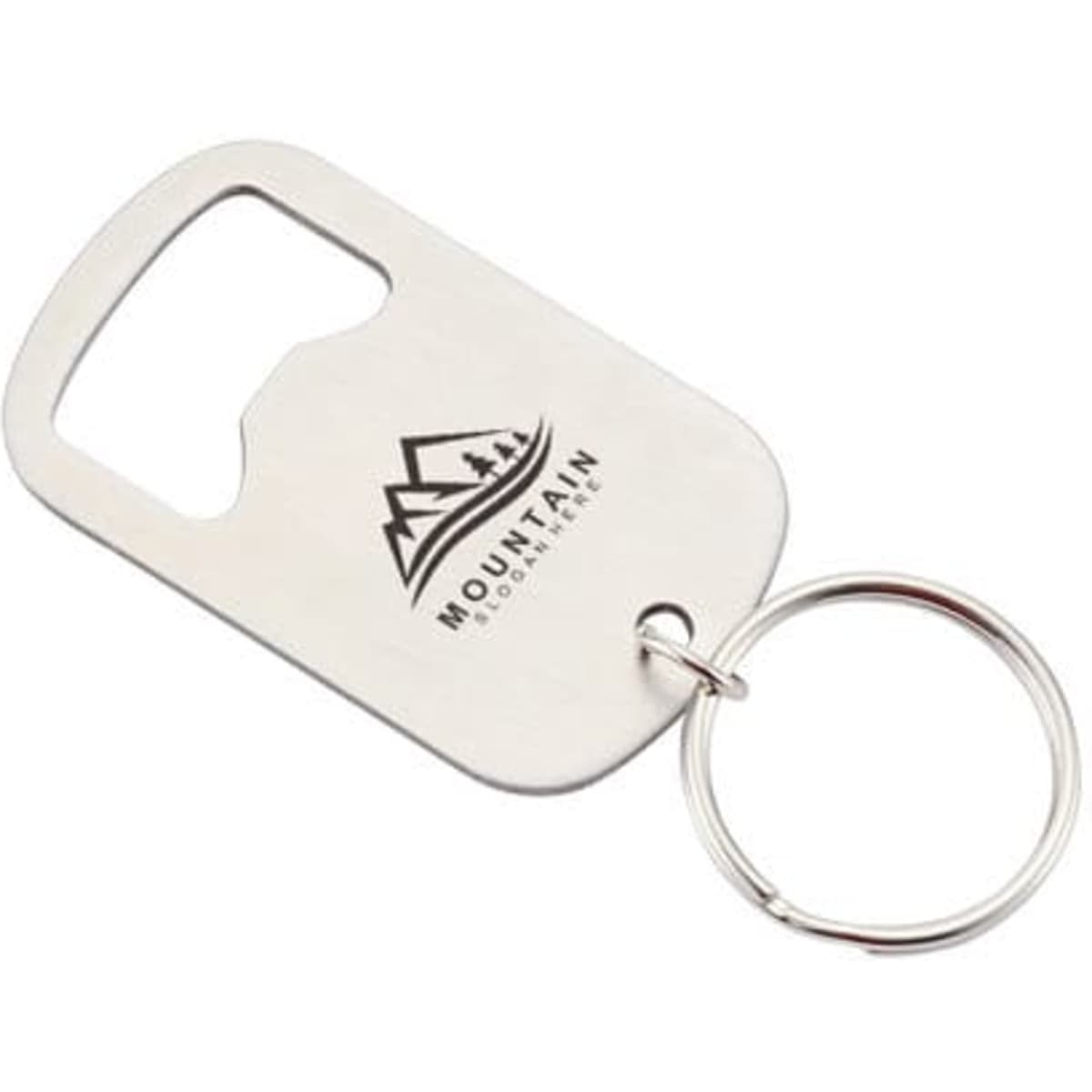 A drink bottle opener keychain made of stainless steel with a circular keyring, featuring a logo.