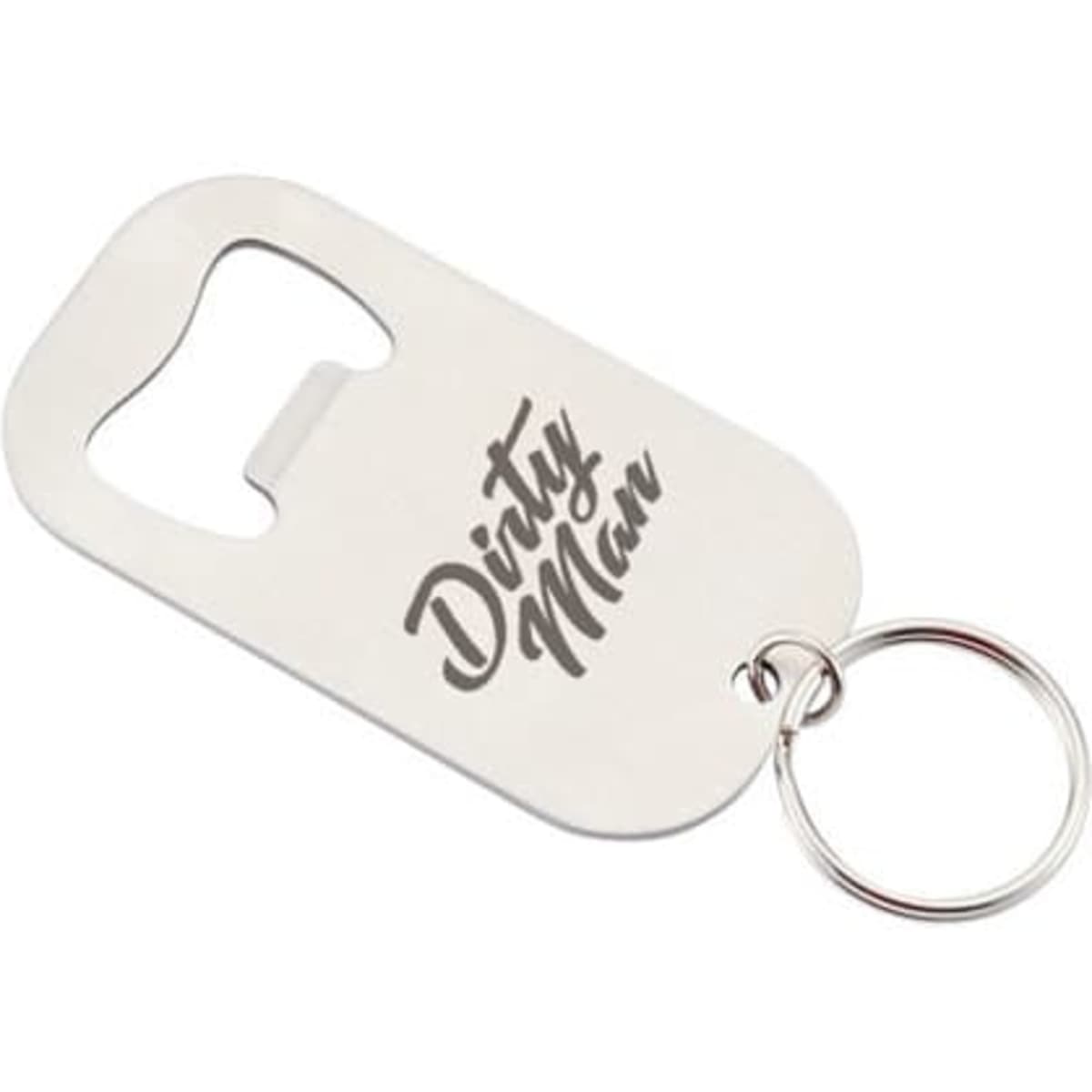 A drink bottle opener keychain made of stainless steel, featuring a silver colour and a logo.