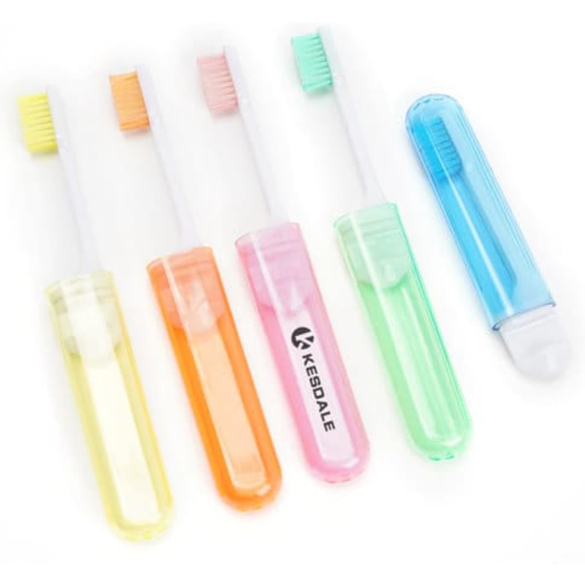 A set of five travel folding toothbrushes in yellow, orange, pink, green, and blue cases, each with a logo.